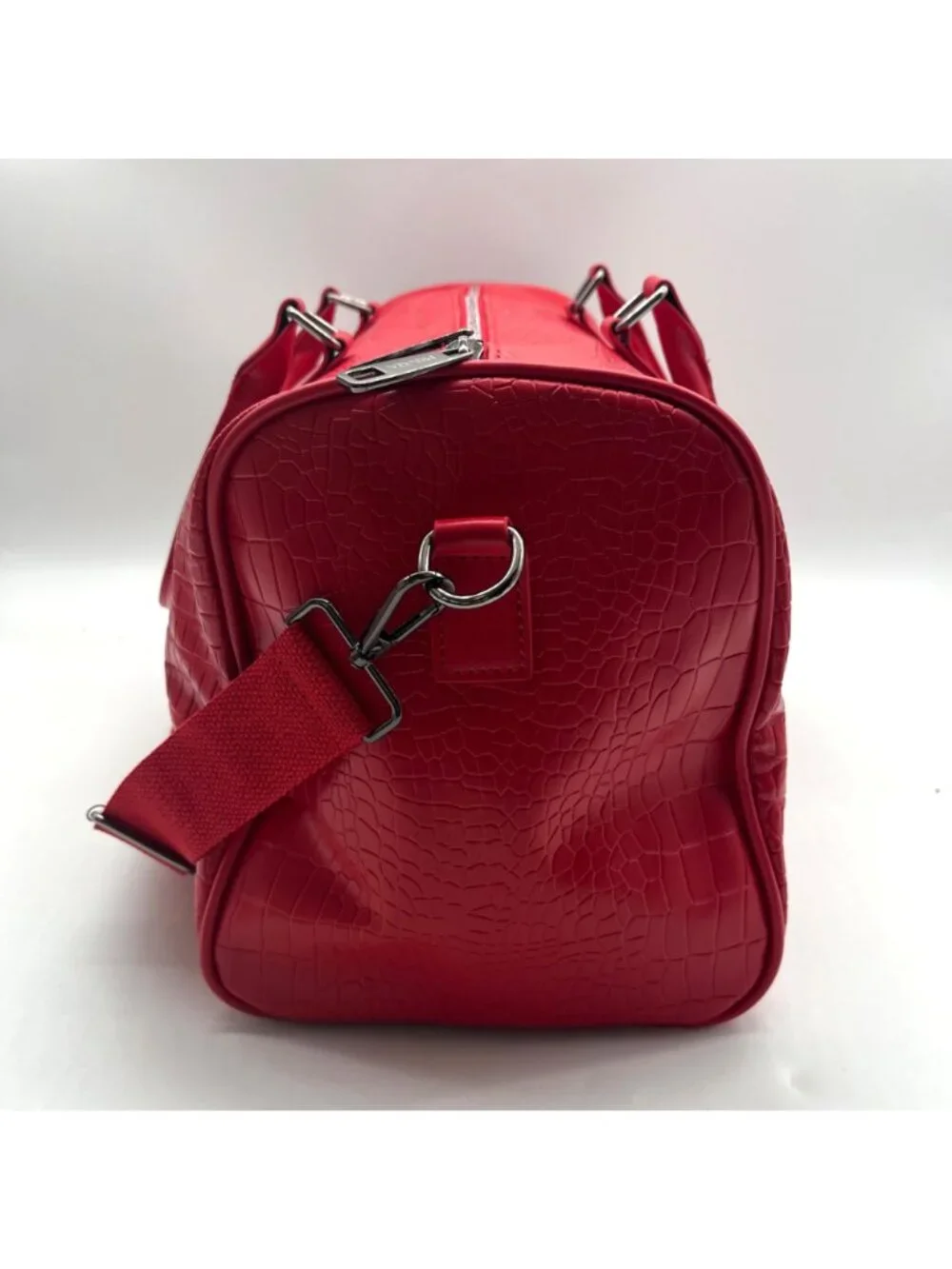 Privata Red Croc-Embossed Faux Leather Duffel Bag